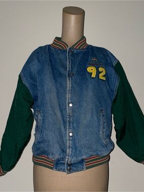 Denim Bomber Jacket with Green Sleeves VNTGE